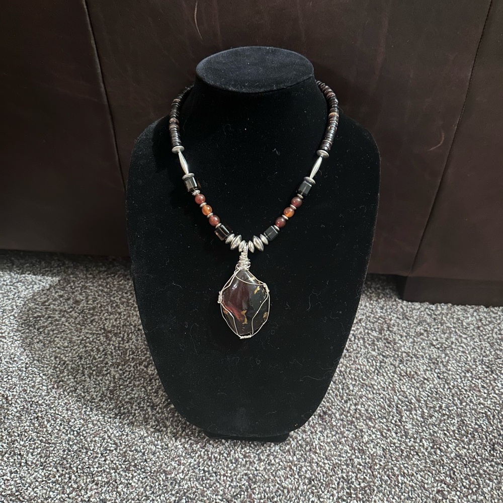 Hand Crafted Brown Shell, Amber, Smokey Quartz & Sterling Silver Necklace